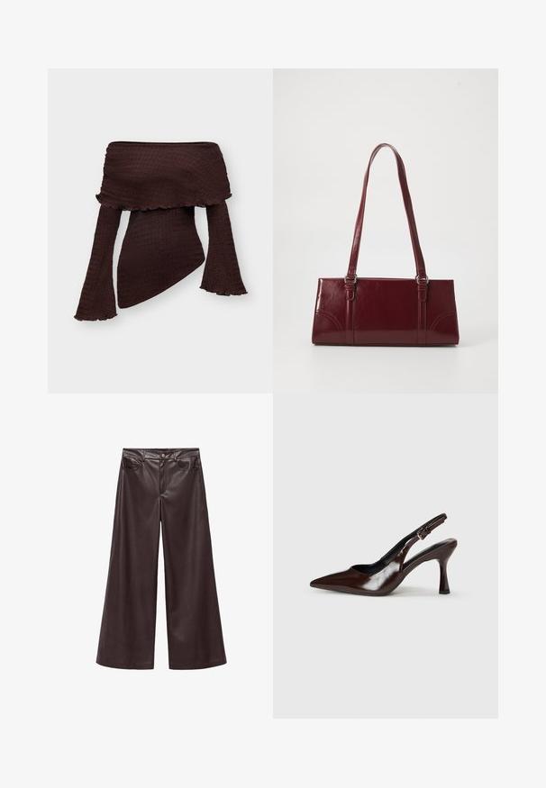 Mørkebrun off-shoulder tekstureret top med lange vide ærmer og asymmetrisk kant, designet til en tætsiddende silhuet.; Brune faux læder wide-leg bukser med høj talje, der har forlommer og klassisk knaplukning. Glat tekstur og mat finish.; Brune patenterede læderslingback-sandaletter med spids tå, en tynd hæl og justerbar rem med en lille spænde.; Bordeaux håndtaske lavet af glansfuldt materiale, rektangulær form, med to skulderremme og subtile buede detaljer på forsiden.