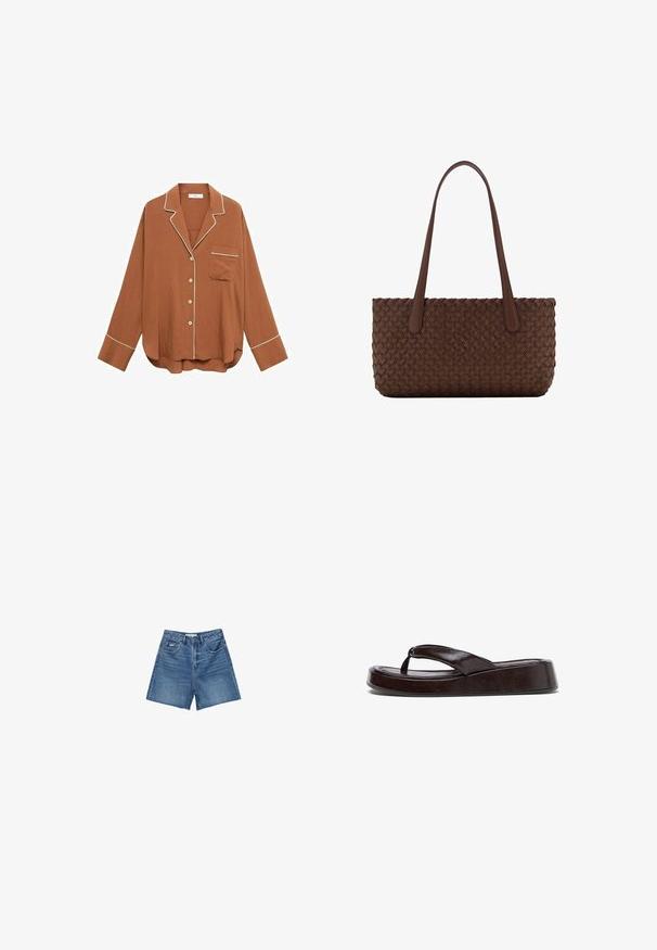 Brun knap-up skjorte med hvid piping, lange ærmer, lomme på venstre bryst, tekstureret stof og afslappet pasform.; Denim shorts i mellemblå vask med et klassisk fem-lomme design, bæltestropper og lynlås-gylp med knaplukning.; Mørkebrun platformsandaler med flip-flop design, tyk polstret sål og brede læderremme, vist fra siden på hvid baggrund.; Brun læderhåndtaske med et vævet teksturmønster, med to lange, slanke håndtag til skulderbæring.