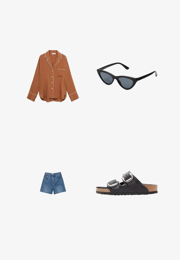 Bruine overhemden met knopen en witte piping, lange mouwen, zak op de linkerkant van de borst, gemêleerde stof en een relaxte pasvorm.; Denim shorts in een gemiddelde blauwe-was, met een klassieke vijf-pocketontwerp, riemlussen en een rits met knoopsluiting.; Zwarte sandaal met twee verstelbare banden, zilveren gespen en een kurken voetbed op een gestructureerde zwarte rubberen zool.; Zwarte cat-eye zonnebril met donkergrijze lenzen, slank plastic frame, puntige hoeken en rechte pootjes. Geen zichtbare hardware of accenten.