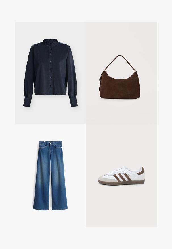 Dunkelblaue Langarmbluse mit Knöpfen vorne, Rüschenkragen und gerafften Bündchen, präsentiert vor einfachem Hintergrund.; Weite Jeans aus Denim in Mittelblau mit glatter Textur. Verfügt über zwei Fronttaschen und einen klassischen Knopfverschluss in der Taille.; Weißer und brauner Adidas Samba Sneaker mit drei braunen Streifen, Schnürsenkeln und strukturierter Sohle, von der Seite auf einem einfarbigen Hintergrund gezeigt.; Braune Wildleder-Schultertasche mit einem einzelnen Riemen und Reißverschlussverschluss vor einem schlichten hellen Hintergrund.
