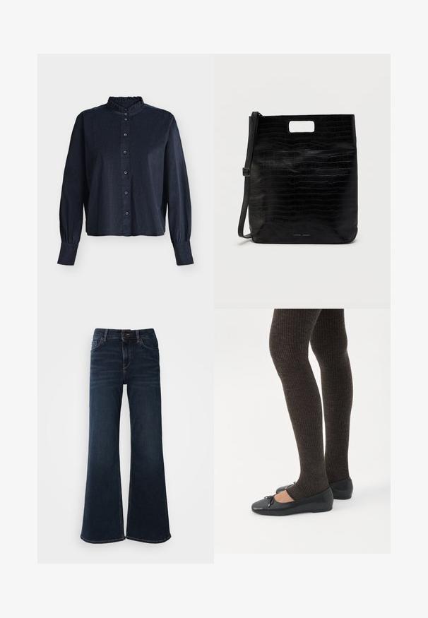 Donkerblauwe blouse met lange mouwen, knopen aan de voorkant, een gerimpelde hoge kraag en geplooide manchetten, getoond op een effen achtergrond.; Mos Mosh HERA - Flared Jeans - dark blue; Benen met donkere geribbelde leggings gecombineerd met zwarte ballerina's met kleine strikdetails op een witte achtergrond.; Zwarte neplederen totebag met een krokodillenstructuur, rechthoekige vorm, uitsparing voor het handvat aan de bovenkant en een afneembare schouderband. Merklogo zichtbaar.
