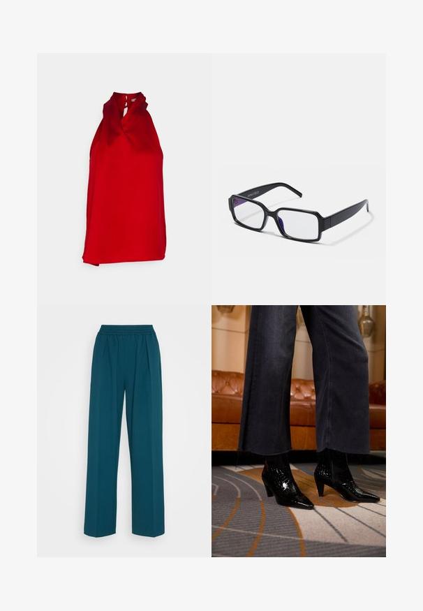Anna Field Blouse - red; Teal wijde broek gemaakt van een zachte stof, met een elastische tailleband en voorste plooien voor een ontspannen pasvorm. Geschikt voor casual gebruik.; Zwarte lakleren enkellaarsjes met puntige neus, gedragen met donkere wijdgesneden jeans op een patroon tapijt voor een bruine leren bank.; Zwarte rechthoekige montuurbril met doorzichtige glazen. Kenmerkt zich door een opvallende paarse tint aan de binnenranden en een gladde kunststof afwerking.