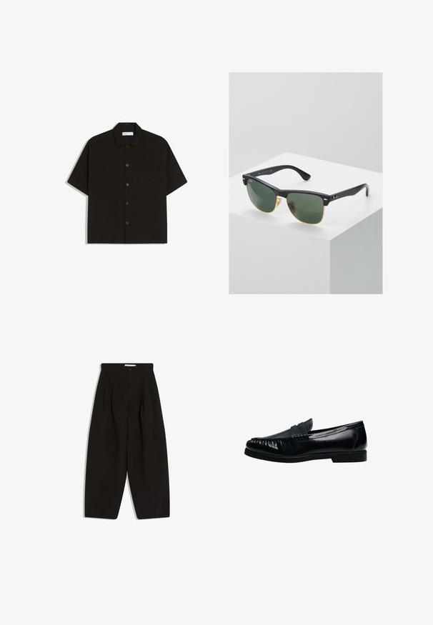 Chemise noire à manches courtes en tissu doux, avec un boutonnière à l'avant, un col et une poche poitrine unique. Design simple et épuré.; Pantalon noir à jambes larges en tissu doux, avec un devant plissé, une fermeture à boutons et des poches latérales pour plus de fonctionnalité.; Mocassin penny loafer pour homme en cuir noir avec bout moc cousu et petit talon, présenté de profil sur fond blanc.; Lunettes de soleil Ray-Ban avec des verres verts, monture en plastique noir et accents dorés sur les bords. Forme carrée avec une finition mate.