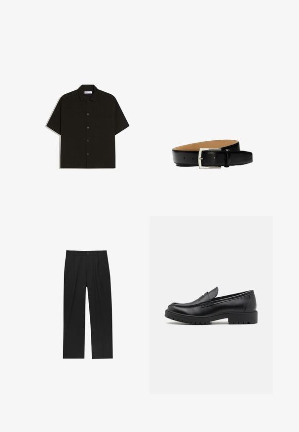 Chemise noire à manches courtes en tissu doux, avec un boutonnière à l'avant, un col et une poche poitrine unique. Design simple et épuré.; Pantalons noirs au design droit, fabriqués à partir d'un tissu lisse. Dotés de plis sur le devant et d'une fermeture à un bouton à la taille.; Mocassins en cuir noir avec un bout arrondi, un design à enfiler et une semelle en caoutchouc épaisse avec une texture antidérapante. Talon surélevé et détails de surpiqûre subtils.; Ceinture en cuir noir avec boucle rectangulaire argentée, bords cousus visibles et multiples trous d'ajustement sur la doublure intérieure beige.