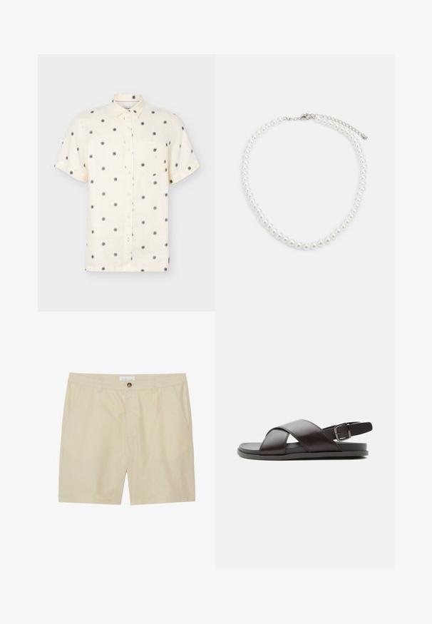 Chemise crème à manches courtes, boutonnée, avec des motifs circulaires noirs en forme de rayons de soleil et une poche poitrine, présentée sur un fond clair.; Shorts beiges en tissu léger, avec un devant plat, des poches latérales et une fermeture à un bouton à la taille.; Sandale en cuir marron foncé homme avec brides croisées et bride de talon réglable avec boucle sur semelle plate, vue de profil.; Collier en perles blanches avec une forme ronde uniforme, surface lisse et fermoir en métal avec une chaîne d'extension pour une longueur ajustable.