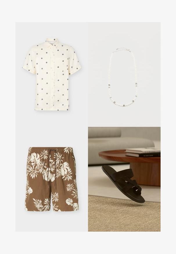 Chemise crème à manches courtes, boutonnée, avec des motifs circulaires noirs en forme de rayons de soleil et une poche poitrine, présentée sur un fond clair.; Short de bain marron avec imprimé floral tropical blanc et taille ajustable avec cordon.; Sandale noire à bout ouvert avec des brides croisées flottant au-dessus d’un tapis beige texturé dans un salon moderne.; Collier de perles blanches avec des intercalaires en strass argentés et un fermoir chaîne en argent, présenté sur un fond clair uni.