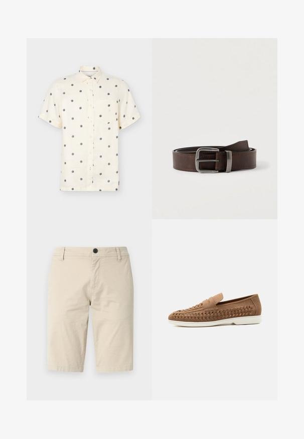 Chemise crème à manches courtes, boutonnée, avec des motifs circulaires noirs en forme de rayons de soleil et une poche poitrine, présentée sur un fond clair.; Shorts beiges en tissu léger, avec un devant plat, une fermeture à un bouton et deux poches latérales ; texture lisse.; Mocassin en daim marron avec détails tissés sur le côté et semelle en caoutchouc blanche, présenté de profil sur un fond gris clair.; Ceinture en cuir marron foncé avec une boucle rectangulaire en argent, enroulée et placée sur un fond clair et neutre.