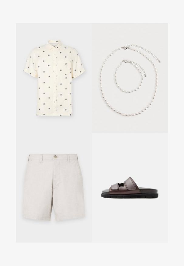 Camisa crema de manga corta abotonada con patrones circulares negros tipo estallido solar y un bolsillo en el pecho, presentada sobre un fondo claro.; Shorts de lino beige con corte recto, con cierre frontal de botón, presillas para cinturón y dos bolsillos laterales. Tejido texturizado.; Sandalia de cuero marrón con dos tiras ajustables de Velcro y una suela acolchada negra sobre un fondo blanco.; Collar de perlas y pulsera a juego con broches de cadena de plata, dispuestos sobre un fondo blanco.