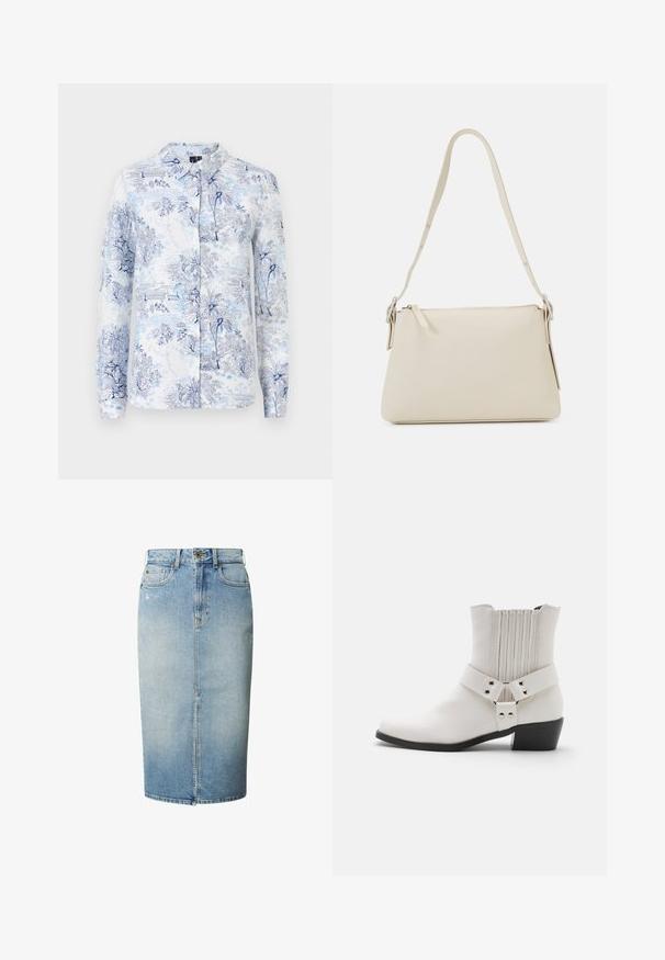 Langærmet skjorte lavet af stof med et blåt og hvidt blomster- og landskabsmotiv, med krave og knaplukning foran.; Lyseblå denim blyantskørt med frontslids, bæltestropper, knaplukning og fem-lomme design.; Hvide læder ankelstøvler med en let spids tå, rynket rygdetalje og en bred rem med spændehardware over anklen.; Beige skuldertaske lavet af glat læder med lynlås-lukning. Har et enkelt design, slank skulderrem og metalbeslag som detaljer.