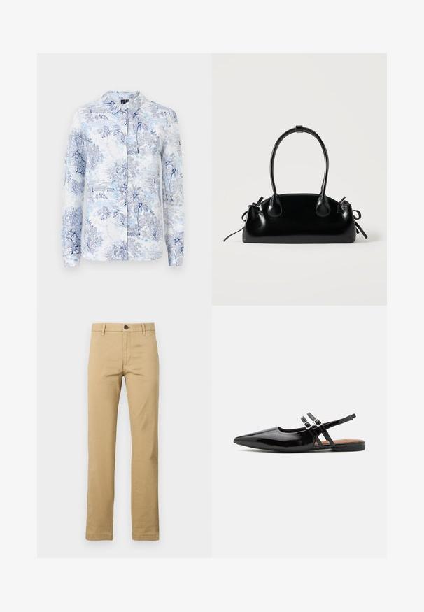Langsleeve shirt gemaakt van stof met een blauw-witte bloemen- en landschapprint, met een kraag en knoopsluiting aan de voorkant.; Khaki chinos van katoen, met een rechte pijp, twee voorkanten zakken, een enkele knoopsluiting en riemlussen, met een gladde textuur.; Zwarte gepatineerde leren slingback schoenen hebben een spitse neus, twee banden met gespsieraden en een platte zool.; Kleine zwarte glanzende handtas met twee lange hengsels en zijkant trekkoord details op een effen lichte achtergrond.