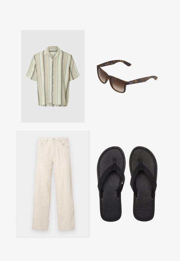 Korte mouwen overhemd met knopen en verticale strepen in beige, crème en bruin, met een campkraag, op een effen achtergrond.; Beige wijde broek van textuurstof, met een knoopsluiting, riemlussen en klassieke zakken.; Zwarte flip-flops gemaakt van glad materiaal, met een tanga-stijl band, een gestructureerde voetbed en een geperst logo op de zool.; Kattenoog zonnebril met bruine gradient lenzen, rechthoekige vorm, dikke monturen en een zilveren logoaccent aan de zijkant.