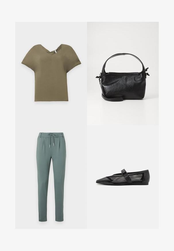 Λαδί κοντομάνικο μπλουζάκι με σχέδιο V-neck. Φτιαγμένο από μαλακό ύφασμα, με άνετη εφαρμογή και ελαφρώς καμπυλωτό στρίφωμα.; Γκρι-πράσινα παντελόνια από μαλακό ύφασμα, με ρυθμιζόμενη μέση, πιέτες μπροστά και ίσια πόδια με ελαστικά μπατζάκια.; Μαύρο επίπεδο παπούτσι με μυτερή μύτη, πλάγιες πάνελ από δίχτυ και λουράκι με λεπτομέρεια από αγκράφα. Λείος φινίρισμα στη μύτη και τις φτέρνες.; Μαύρη δερμάτινη τσάντα με δομικό σχέδιο, στρογγυλή λαβή από πάνω και αποσπώμενο λουρί ώμου. Διαθέτει λεία υφή και διακριτική γυαλάδα.