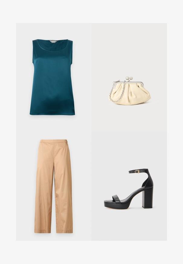 Ærmeløs teal satinbluse med rundet halsudskæring og glat, blank stoftekstur, lagt fladt på en hvid baggrund.; Beige bukser med vide ben, høj talje, fladt frontstykke og lige kant, vist mod en ensfarvet lys grå baggrund.; Sorte platform sandaler med en tykk blokhæl, glat lædermateriale, åbent tådesign og en ankelrem med en guldspænde detalje.; Plisseret beige læderclutch med en sølvmetalramme, der har to runde dekorative låse og en sølvkædetrasporte.