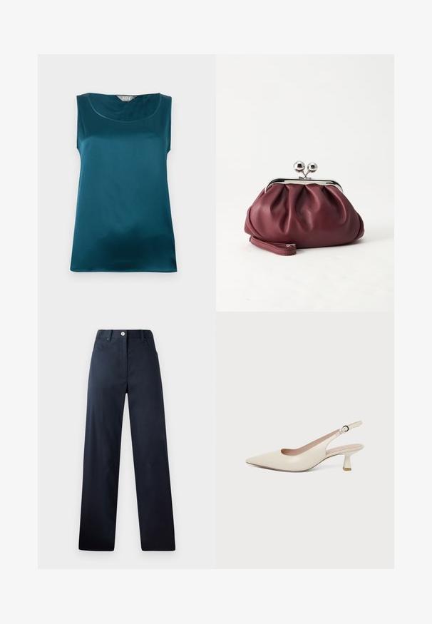 Blouse sans manches en satin turquoise avec encolure arrondie et texture de tissu lisse et brillante, posée à plat sur un fond blanc.; Pantalon bleu marine foncé avec une coupe droite, fabriqué en tissu lisse. Comprend des poches avant, une fermeture à bouton et des détails de couture subtils.; Chaussure slingback couleur crème à bout pointu avec un petit talon bas incurvé et une bride réglable à boucle.; Petit sac pochette en cuir bordeaux avec fermoir métallique argenté et bracelet sur fond blanc.