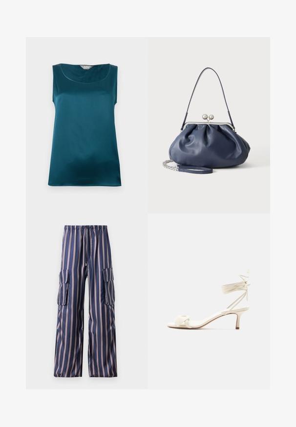 Ærmeløs teal satinbluse med rundet halsudskæring og glat, blank stoftekstur, lagt fladt på en hvid baggrund.; Marine-stribede cargo-bukser lavet af glat stof, med elastisk talje, sidelommer og bred ben design med kontrasterende striber.; Kremfarvet sandal med lave hæle, bindebånd om anklen og en bred snoet rem over tæerne på en ensartet hvid baggrund.; Blød navyblå læderhåndtaske med sølv lukning, enkelt skulderrem og aftagelig kæde til håndleddet på hvid baggrund.