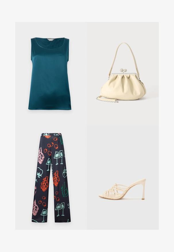 Blouse sans manches en satin turquoise avec encolure arrondie et texture de tissu lisse et brillante, posée à plat sur un fond blanc.; Pantalon large bleu marine avec des imprimés abstraits colorés de verres à vin, raisins, bouteilles, et le mot « été » en rouge, rose, vert et bleu.; Mules à talons hauts beiges avec un design à lanières. Présentent un bout carré, une texture lisse et un talon élancé avec un accent doré à la base.; Sac à main en cuir souple couleur crème avec un design froncé, fermoir cadre argenté, poignée courte et bandoulière chaîne amovible.