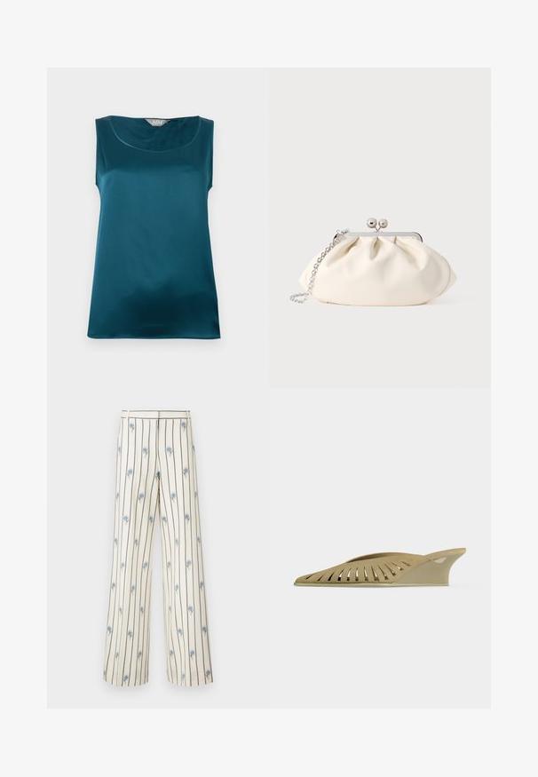 Mouwloze teal satijnen blouse met ronde halslijn en glad, glanzend textuur, plat gelegd op een witte achtergrond.; Brede broek gemaakt van crème stof met verticale donkere strepen en kleine blauwe bloemapplicaties verspreid over de stof. Heeft een tailleriem.; Beige sleehak mule met uitgesneden design langs de zijkant, met een puntige neus en lage hak.; Crèmekleurige stoffen clutch met een geplooid ontwerp, een zilverkleurig metalen frame, twee decoratieve balletjes en een zilveren kettingriem.