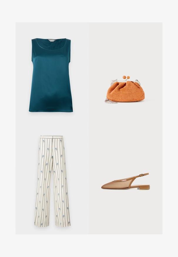 Mouwloze teal satijnen blouse met ronde halslijn en glad, glanzend textuur, plat gelegd op een witte achtergrond.; Brede broek gemaakt van crème stof met verticale donkere strepen en kleine blauwe bloemapplicaties verspreid over de stof. Heeft een tailleriem.; Bruine slingback platte schoen met puntige neus, dunne band met gesp en lage blokhak op witte achtergrond.; Kleine oranje geweven clutch met zilverkleurig metalen frame, ronde sluiting en een zilveren kettingriem op een witte achtergrond.