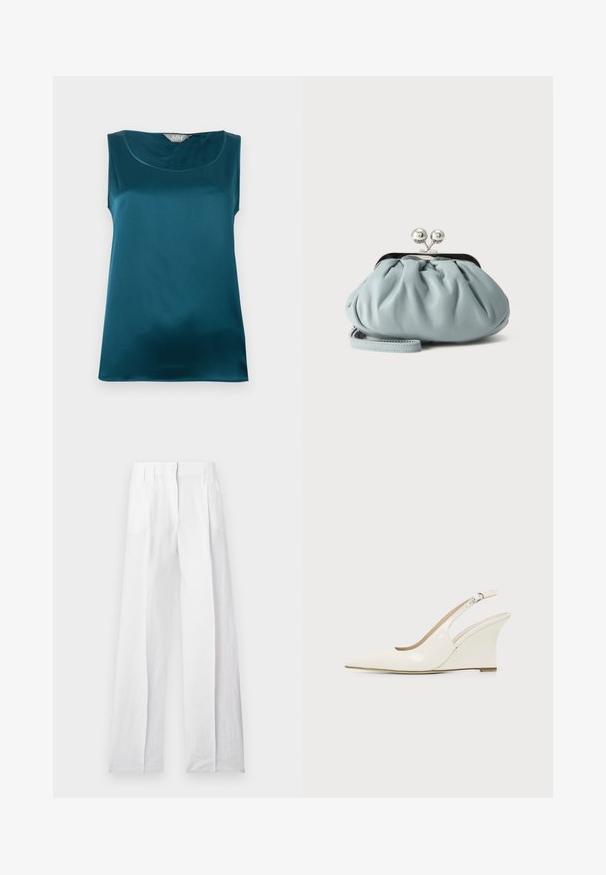 Blouse sans manches en satin turquoise avec encolure arrondie et texture de tissu lisse et brillante, posée à plat sur un fond blanc.; Pantalon blanc taille haute à jambes larges avec plis, passants pour ceinture et fermeture avant dissimulée, présenté sur un fond uni.; Chaussure compensée blanche en cuir verni avec bout pointu et bride ajustable à boucle sur fond uni.; Petit porte-monnaie en cuir bleu clair avec fermoir métallique argenté de type kiss-lock et court bracelet de poignet sur fond uni.