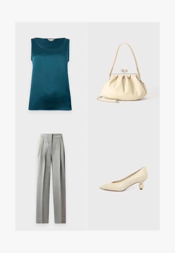 Blouse sans manches en satin turquoise avec encolure arrondie et texture de tissu lisse et brillante, posée à plat sur un fond blanc.; Pantalons tailleur gris clair avec une texture lisse, dotés de plis à l'avant, d'une coupe évasée et d'une taille ajustée.; Chaussure femme couleur crème à bout pointu avec un petit talon rond en forme de boule, sur fond uni.; Sac à main en cuir souple couleur crème avec un design froncé, fermoir cadre argenté, poignée courte et bandoulière chaîne amovible.