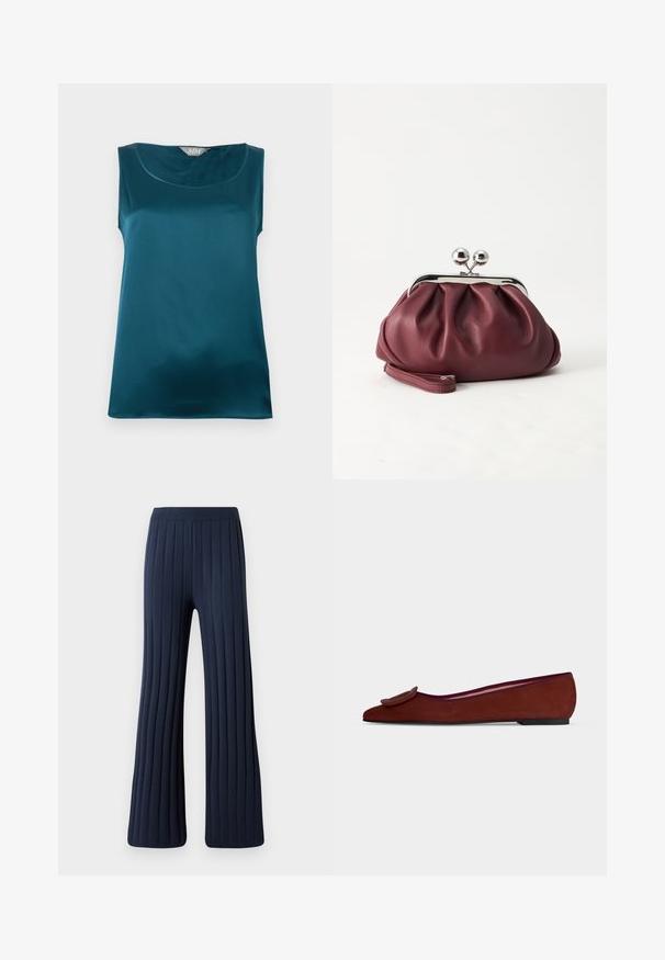 Blouse sans manches en satin turquoise avec encolure arrondie et texture de tissu lisse et brillante, posée à plat sur un fond blanc.; Pantalons larges navy avec texture côtelée verticale, taille élastique et ourlet évasé. Fabriqués en tissu doux et confortable.; Chaussure plate en daim marron pour femme avec bout pointu et grande boucle décorative sur le dessus sur fond uni.; Petit sac pochette en cuir bordeaux avec fermoir métallique argenté et bracelet sur fond blanc.