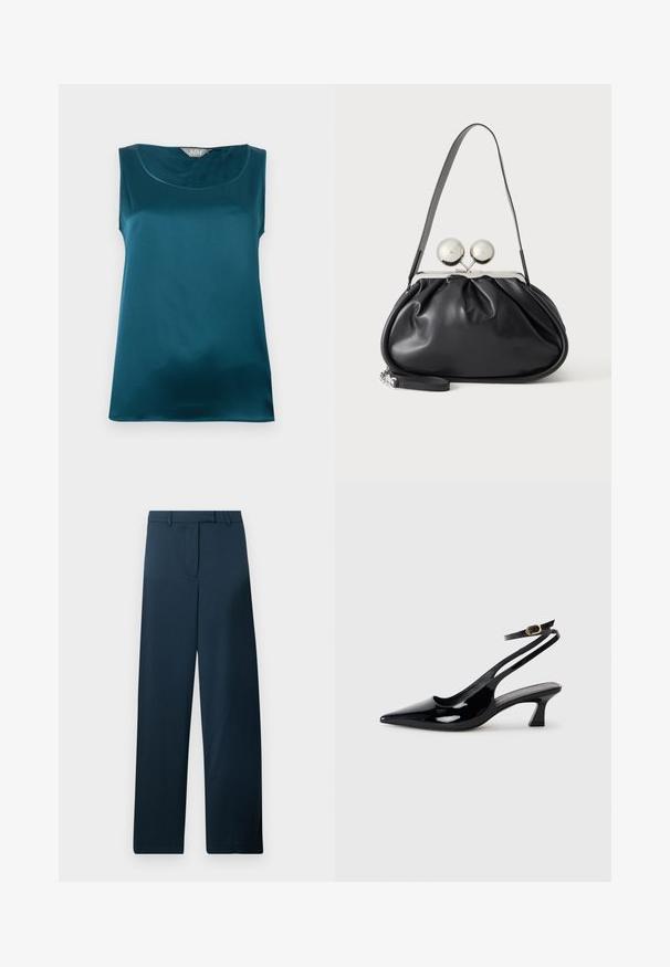 Blusa de satén verde azulado sin mangas con escote redondeado y textura de tela lisa y brillante, extendida sobre un fondo blanco.; Pantalones de pierna ancha en azul marino con una textura suave, frente plano y trabillas para cinturón. Presentan un diseño minimalista y sin patrones o acentos visibles.; Zapatos de tacón de charol negro con punta afilada, tacón bajo tipo bloque y correa ajustable en el tobillo con un hebilla dorada.; Bolso de mano de cuero negro con diseño fruncido, una sola correa, marco metálico plateado y dos cierres grandes redondos de plata.