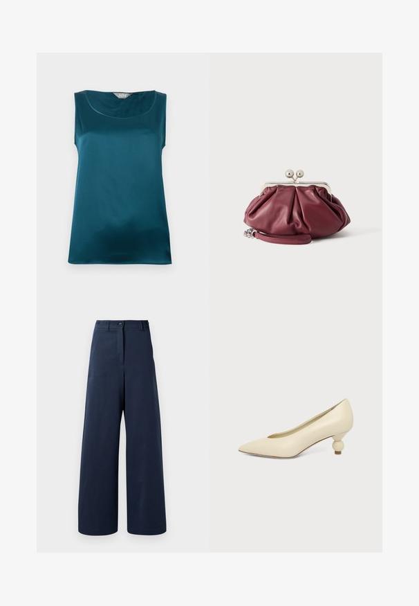 Blouse sans manches en satin turquoise avec encolure arrondie et texture de tissu lisse et brillante, posée à plat sur un fond blanc.; Pantalons larges couleur marine en tissu lisse, avec une taille haute, deux boutons à l'avant, deux poches latérales et des ourlets droits.; Chaussure femme couleur crème à bout pointu avec un petit talon rond en forme de boule, sur fond uni.; Petite pochette en cuir bordeaux avec fermoir en métal argenté et bracelet pour poignet sur fond blanc.