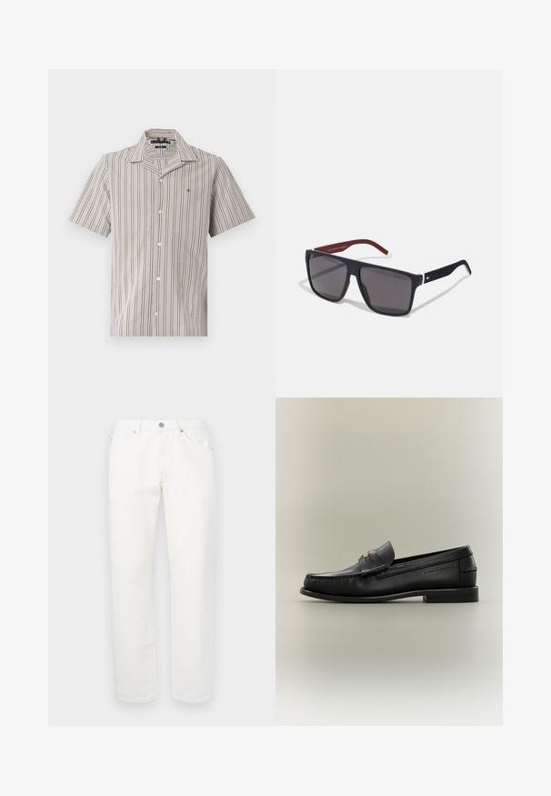 Camisa de hombre de manga corta con botones, que presenta rayas verticales en beige y navy, un cuello con muesca y tejido ligero. Acentuada con un pequeño logotipo.; Pantalones de mezclilla blanca con un diseño de pierna recta. Presenta un clásico diseño de cinco bolsillos, cierre de botón metálico y una ligera textura.; Mocasín negro de cuero sin cordones con tacón bajo, detalle de hebilla dorada y nombre de la marca en relieve en el lateral sobre un fondo neutro.; Tommy Hilfiger Gafas de sol - matte blue