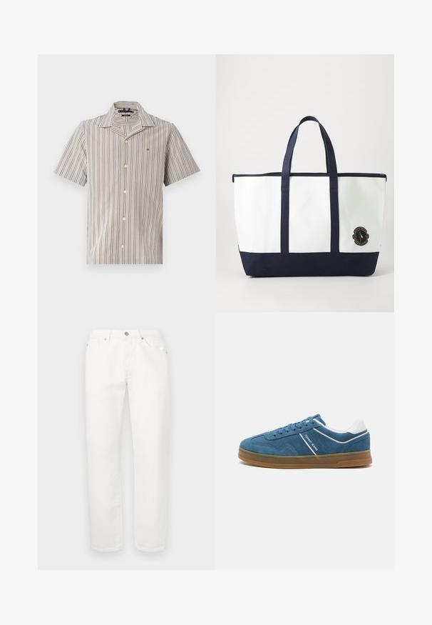 Camisa de hombre de manga corta con botones, que presenta rayas verticales en beige y navy, un cuello con muesca y tejido ligero. Acentuada con un pequeño logotipo.; Pantalones de mezclilla blanca con un diseño de pierna recta. Presenta un clásico diseño de cinco bolsillos, cierre de botón metálico y una ligera textura.; Zapatillas de ante azul con acentos en blanco, punta redonda, superficie texturada, diseño de cordones y suela de goma con borde elevado.; Bolso tote hecho de lona blanca con acentos en azul marino. Presenta dos asas resistentes y un parche de logo en la parte frontal. Forma rectangular.