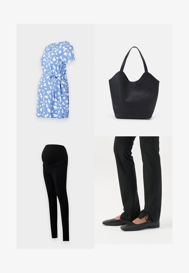 Robe à manches courtes bleu clair avec un motif floral blanc, dotée d'une ceinture à la taille et d'une coupe décontractée. Tissu doux avec un col rond.; Jeans de maternité noirs avec une taille haute extensible et une coupe slim. Confectionnés en denim, ils comprennent des poches avant classiques.; Jambes vêtues d’un pantalon slim noir avec des fentes à l’avant de l’ourlet, assorties à des chaussures plates Mary Jane noires avec une petite bride à boucle.; Sac fourre-tout noir en cuir lisse, doté d'un haut ouvert et courbé avec deux brides d'épaule et un design minimaliste.