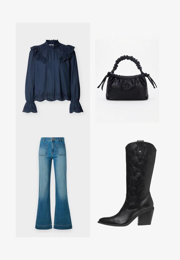Blouse bleu marine à manches longues avec col haut volanté, bords brodés en forme d'ondulation, et épaulettes et poignets volantés.; Jean en denim bleu taille haute avec poches plaquées à l'avant et jambes évasées, comportant une fermeture à bouton et à zip.; Bottine de cowboy en cuir noir avec un bout pointu, un talon haut et des coutures décoratives en motif d'éclairs le long de la tige.; Sac à main noir avec texture crocodile, bord supérieur froncé, poignée plissée et pompons à cordon de chaque côté sur fond blanc.