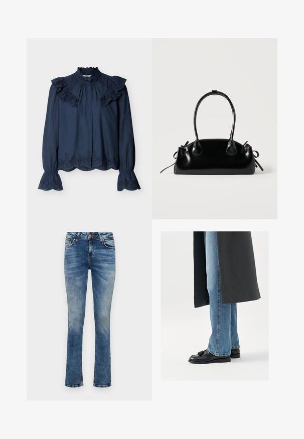 Marineblaue langärmelige Bluse mit gerafftem Stehkragen, bestickten gewellten Kanten sowie gerafften Schultern und Manschetten.; Helle blaue Denim-Jeans mit geradem Bein, ausgestattet mit einem Frontknopfverschluss, fünf Taschen und dezenten Ausbleichungen.; Schwarze Leder Slipper mit Quasten, getragen mit hellblauen geraden Jeans, ergänzt durch einen dunkelgrauen Mantel. Klare Linien und strukturierter Stoff.; Kleine schwarze glänzende Handtasche mit zwei langen Griffen und seitlichen Kordelzug-Details vor einfachem hellem Hintergrund.