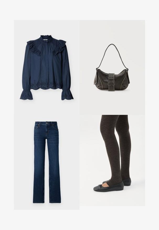 Navyblauwe blouse met lange mouwen, voorzien van een geplooide hoge kraag, geborduurde met scallopmotief afgewerkte randen, en geplooide schouders en manchetten.; Donkerblauwe wijde jeans gemaakt van denim. Beschikt over een gestikt tailleband, vijf zakken en een ritssluiting met een metalen knoopsluiting.; Benen met donkere geribbelde leggings gecombineerd met zwarte ballerina's met kleine strikdetails op een witte achtergrond.; Zwarte leren schoudertas met gespsluiting aan de riem, afgeronde hoeken en contrasterende witte stiksels op een effen achtergrond.