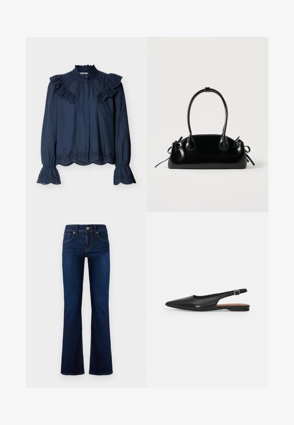 Navyblauwe blouse met lange mouwen, voorzien van een geplooide hoge kraag, geborduurde met scallopmotief afgewerkte randen, en geplooide schouders en manchetten.; Donkerblauwe denim flared jeans met een middelhoge taille, voorzakken en contrasterende stiksels. Voorzien van een metalen knoopsluiting en riemlussen.; Zwarte leren slingback schoen met een spitse neus, subtiele glans en een verstelbare enkelband. Platte hak met een brown inlegzool.; Kleine zwarte glanzende handtas met twee lange hengsels en zijkant trekkoord details op een effen lichte achtergrond.