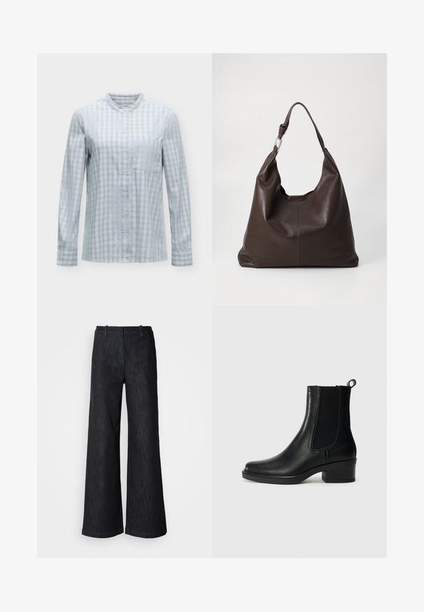 Lichtblauw-wit geruit overhemd met lange mouwen, een bandkraag, knopen aan de voorkant en een borstzak op een egale achtergrond.; Zwarte wijde denimbroek met een gestructureerde afwerking, voorzien van taillebandlussen en een nette zoom. Klassiek ontwerp, geschikt voor verschillende gelegenheden.; Zwarte leren enkellaars met elastische zijkanten, ronde neus en een blokhak. Gladde textuur en gestikt detail.; Zign by Zalando LEATHER - Shopper - chocolate brown
