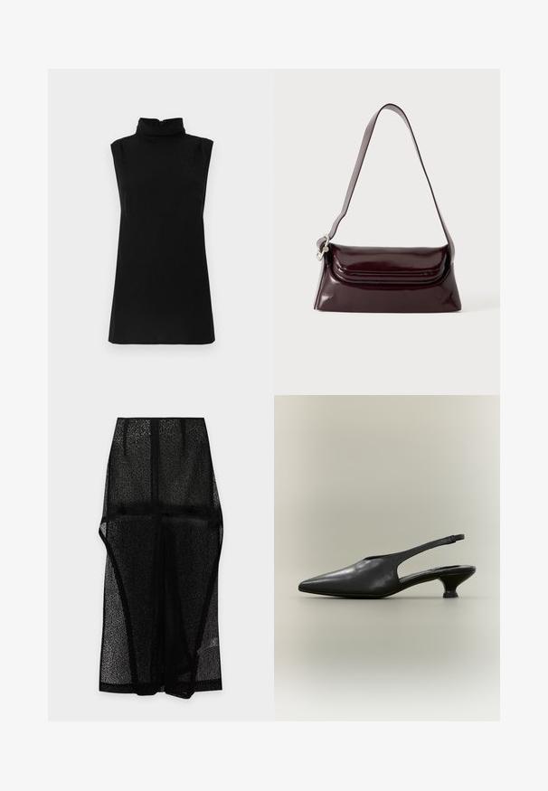 Haut noir sans manches avec un col montant et un motif texturé subtil, confectionné dans un tissu doux avec une fermeture éclair au dos.; Jupe en mesh noire transparente avec coutures visibles et coupe droite, présentée à plat sur un fond blanc.; Chaussure à bride arrière en cuir noir avec bout pointu et petit talon bas sur fond neutre.; Sac à bandoulière en cuir bordeaux foncé avec fermeture à rabat et une fine sangle réglable, présenté sur un fond clair uni.