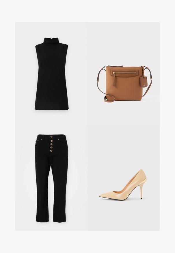 Haut noir sans manches avec un col montant et un motif texturé subtil, confectionné dans un tissu doux avec une fermeture éclair au dos.; Jean en denim noir avec une coupe ajustée, présentant une taille haute et une fermeture à cinq boutons. Comprend deux poches avant et des garnitures en métal doré.; Escarpin à talon haut en cuir verni beige avec bout pointu et talon aiguille fin, orné d'un petit accent doré à l'arrière.; Sacoche en cuir marron avec poche avant zippée, bandoulière réglable et étiquette logo suspendue sur fond blanc.