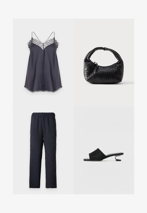 Dunkelgraues Satin-Camisole mit dünnen Trägern und transparentem, gestreiftem Spitzenbesatz entlang des Halsausschnitts und Saums vor weißem Hintergrund.; Marineblaue Hose mit elastischem Bund, durchgehend mit einem strukturierten Blumenmuster versehen, gerader Beinverlauf, ohne Taschen.; Schwarze Wildlederslide-Sandalen verfügen über ein breites Band, offene Zehen und einen skulpturalen metallischen Absatz. Glatte, flache Sohle mit minimaler Textur.; Schwarze gewebte Handtasche mit abgerundeter Form, strukturierter Oberfläche und einem gebogenen Henkel. Verfügt über ein dezentes Logo-Detail auf der Vorderseite.