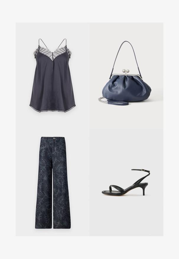 Mørkegrå satin-kamisole med tynde stropper og gennemsigtig, stribet blonderkant langs udskæringen og kanten mod en hvid baggrund.; Mørk denim brede bukser med broderet blomsterdesign i lyseblå. Klassisk fem-lomme design med knaplukning foran.; Sort damesandal i læder med tynde remme, en tå-loop, ankelspænde og en mellemhøj stiletthæl på en neutral baggrund.; Blød navyblå læderhåndtaske med sølv lukning, enkelt skulderrem og aftagelig kæde til håndleddet på hvid baggrund.
