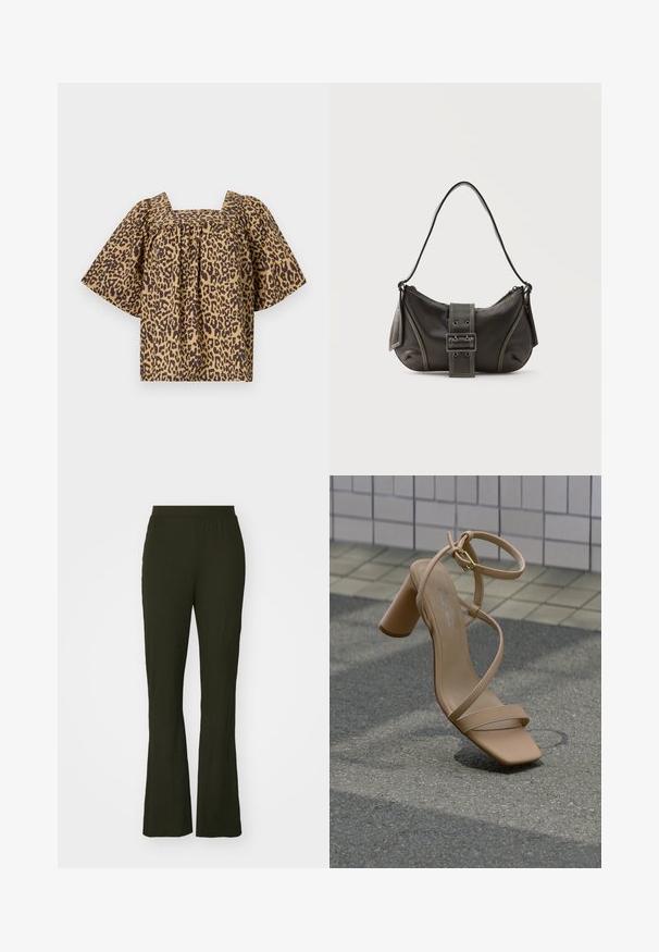 Haut en imprimé léopard avec un décolleté carré, des manches courtes et larges, et des détails froncés. Fabriqué en tissu léger dans des couleurs marron et beige.; Pantalons évasés vert foncé avec une taille élastique. Fabriqués en tissu texturé, ils présentent une coupe décontractée et une longueur complète.; Sandale à talon haut beige avec lanières et talon bloc flottant au-dessus d'une surface en asphalte près d'un mur carrelé en arrière-plan.; Sac à épaule en cuir noir avec une sangle à boucle, des bords arrondis et des coutures blanches contrastées sur un fond uni.