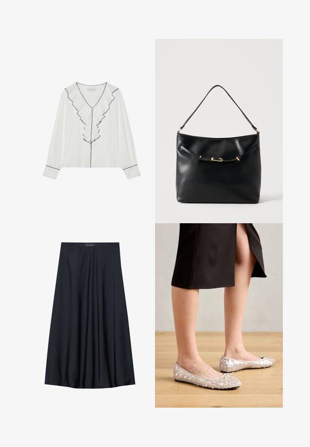 Hvid bluse med V-hals, med foran rynke og sort kant. Lange ærmer med knapmanchetter, lavet af letvægtsmateriale.; Sort, knælang nederdel lavet af letvægtsstof med et svævende design. Har en glat tekstur og subtile plisseringer for en ekstra detalje.; Beige stæl ballet flats med en rund tå, der har en bueaccent, parret med en sort nederdel, vist på et trægulv.; Sort skuldertaske i læder med en enkel strop og en lille guldlåsdetalje foran mod en ensfarvet lys baggrund.