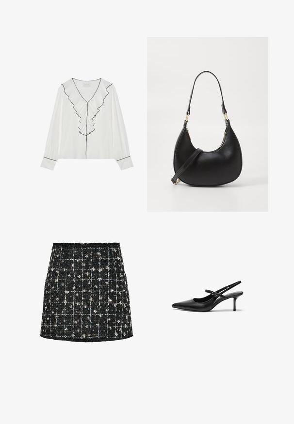 Witte blouse met een V-hals, voorzien van een gerimpelde voorkant en zwart accent. Lange mouwen met knoopmanchetten, gemaakt van lichtgewicht materiaal.; Zwarte tweed rok met een ruitpatroon, verfraaid met pailletten en kleine bloemaccenten, met een rafelige zoom en een aansluitend ontwerp.; Zwarte leren slingback hakken met een puntige neus, slanke verstelbare band en een ongeveer 5 cm hoge stiletto hak, met een gladde textuur.; Zwarte leren handtas met een gebogen vorm, uitgerust met een bovenste ritsluiting, een kort handvat en een afneembare schouderband. Gouden hardware accenten.
