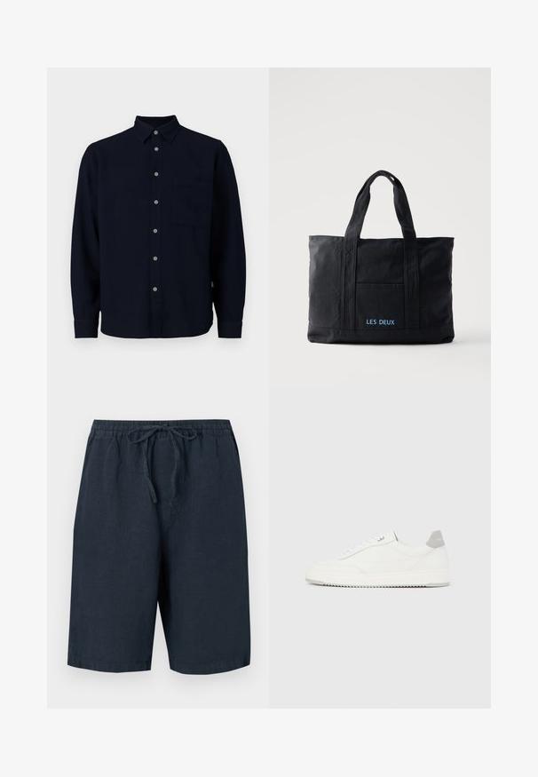 Marineblå langærmet skjorte lavet af blød stof. Har en knaplukning foran, en spids krave og en brystlomme. Grå knapper tilføjer kontrast.; Mørkeblå linnedshorts med elastisk talje og justerbar snor. Har sidelommer og en afslappet pasform.; Hvid lavtop-sneaker med gråt hælflig, hvide snørebånd og tekstureret sål, vist på en ensfarvet lys baggrund.; Sort lærredstaske med to håndtag, forlomma og "LES DEUX" broderet i blåt på forlommen.