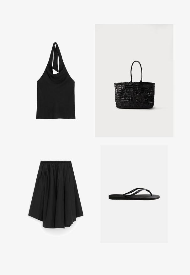 Haut noir à col halter avec encolure drapée et fermeture par lien au dos, sans manches et en tissu lisse.; Jupe noire longueur genou avec taille élastique et tissu froncé créant un ourlet évasé et asymétrique.; Sandale tong en caoutchouc noir avec semelle texturée et fines brides en Y sur un fond blanc uni.; Sac fourre-tout en cuir tressé noir avec deux poignées arrondies, debout sur un fond blanc uni.