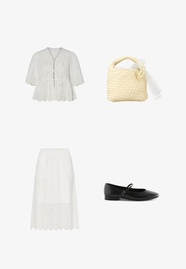 Witte blouse met ajourborduurwerk, pofmouwen, geschulpte zoom en drie voorstrikjes.; Witte rok tot op de knie met elastische tailleband, voorzien van oogjes met bloemenpatronen en een golvende zoom.; Zwarte leren balletschoenen met een puntige neus, platte zool en een enkele enkelband met een rechthoekige gesp. Glad oppervlak overal.; Crèmekleurige geweven handtas met korte hengsel, versierd met doorschijnende kralen en een witte kanten lintstrik aan één kant.