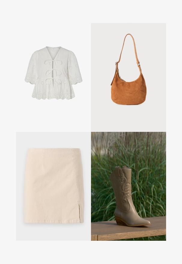 Blouse blanche avec broderie à jours, manches ballon, ourlet festonné et trois liens à l'avant.; Jupe mini en velours côtelé beige avec une texture à côtes verticales, dotée d'une fente sur le côté pour un détail supplémentaire. L'ourlet est droit et cousu de manière uniforme.; Botte de cowboy en cuir beige avec un motif brodé et un talon en bois, posée sur une surface en bois devant un fond de plante verte.; Sac à main en daim beige avec un design incurvé, une bandoulière ajustable, une fermeture éclair en métal et un détail de logo embossé à l'avant.