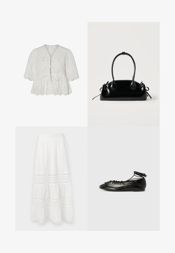 Witte blouse met ajourborduurwerk, pofmouwen, geschulpte zoom en drie voorstrikjes.; Witte katoenen maxi rok met oogjesstof, gelaagde ontwerp, elastische tailleband en kantaccenten langs de zoom en panelen.; Zwarte ballerina's van lakleer met een afgeronde neus, veterdesign en een platte zool. Glad oppervlak met minimale details.; Kleine zwarte glanzende handtas met twee lange hengsels en zijkant trekkoord details op een effen lichte achtergrond.