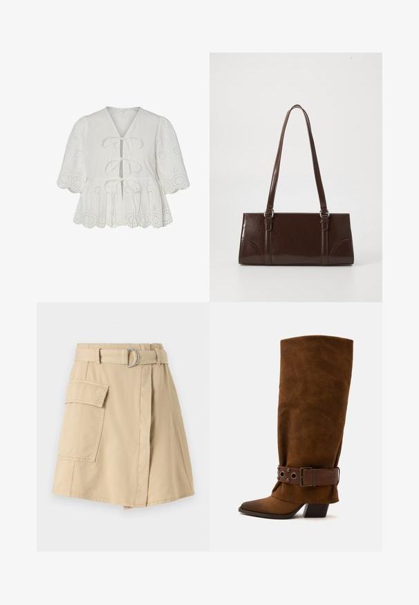 Blouse blanche avec broderie à jours, manches ballon, ourlet festonné et trois liens à l'avant.; Jupe en coton beige avec une poche latérale, taille ceinturée avec un anneau argenté, et une légère silhouette en A. Texture lisse et design simple.; Botte mi-mollet en daim marron avec une large sangle décorative en cuir et des clous métalliques, présentant un bout pointu et un talon bloc.; Sac à main en cuir verni marron de forme rectangulaire, avec deux longues poignées et des accents courbés subtils à l'avant.