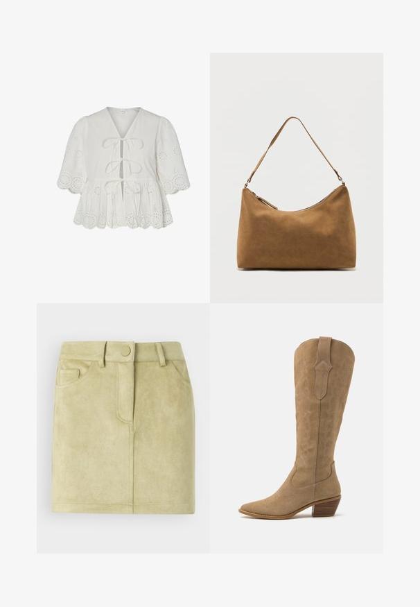 Blouse blanche avec broderie à jours, manches ballon, ourlet festonné et trois liens à l'avant.; Jupe mini en daim de couleur vert clair. Dotée d'une taille cintrée, de deux poches avant et d'une fermeture avant avec un bouton rond. Texture douce.; Bottes de cowboy en daim beige avec un bout pointu, une tige de hauteur intermédiaire et des coutures décoratives sur les côtés. Présente un talon en bois empilé.; Sac à bandoulière en daim marron avec une seule sangle et une fermeture éclair supérieure, présenté sur un fond blanc uni.