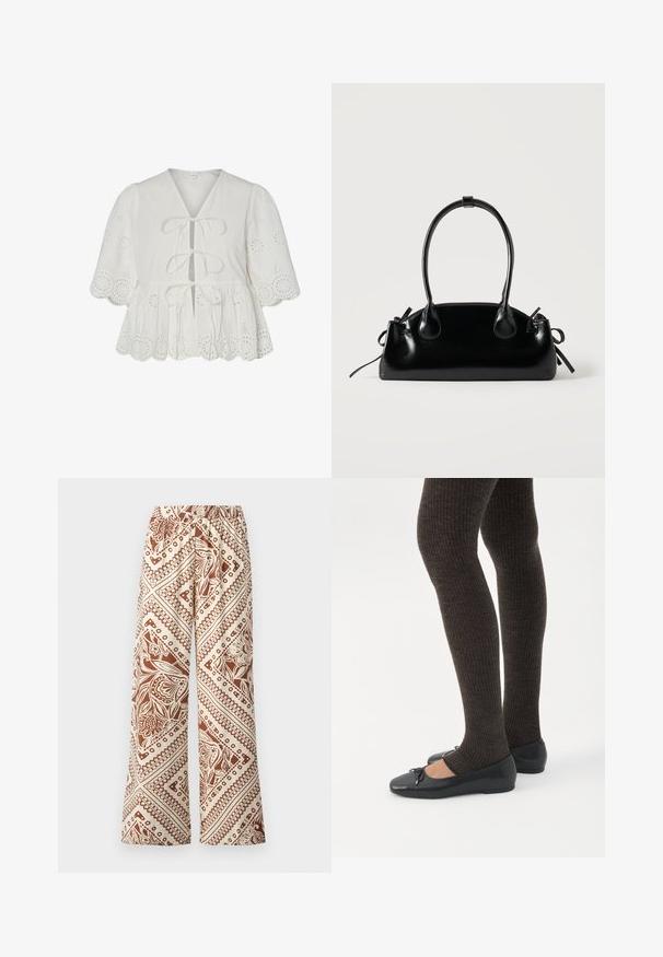 Blouse blanche avec broderie à jours, manches ballon, ourlet festonné et trois liens à l'avant.; Pantalons à jambes larges en tissu crème avec un motif floral brun et des designs géométriques, taille élastiquée et texture lisse.; Jambes portant des leggings côtelés foncés associés à des ballerines noires avec de petits détails en nœud sur fond blanc.; Petit sac à main noir brillant avec deux longues anses et des détails à cordon sur les côtés sur un fond clair uni.